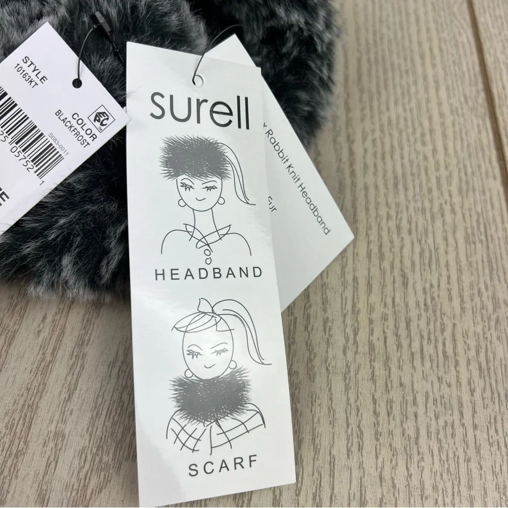 Surell Rex Rabbit Faux Fur Knit Stretch Headband OS Black Frost $65